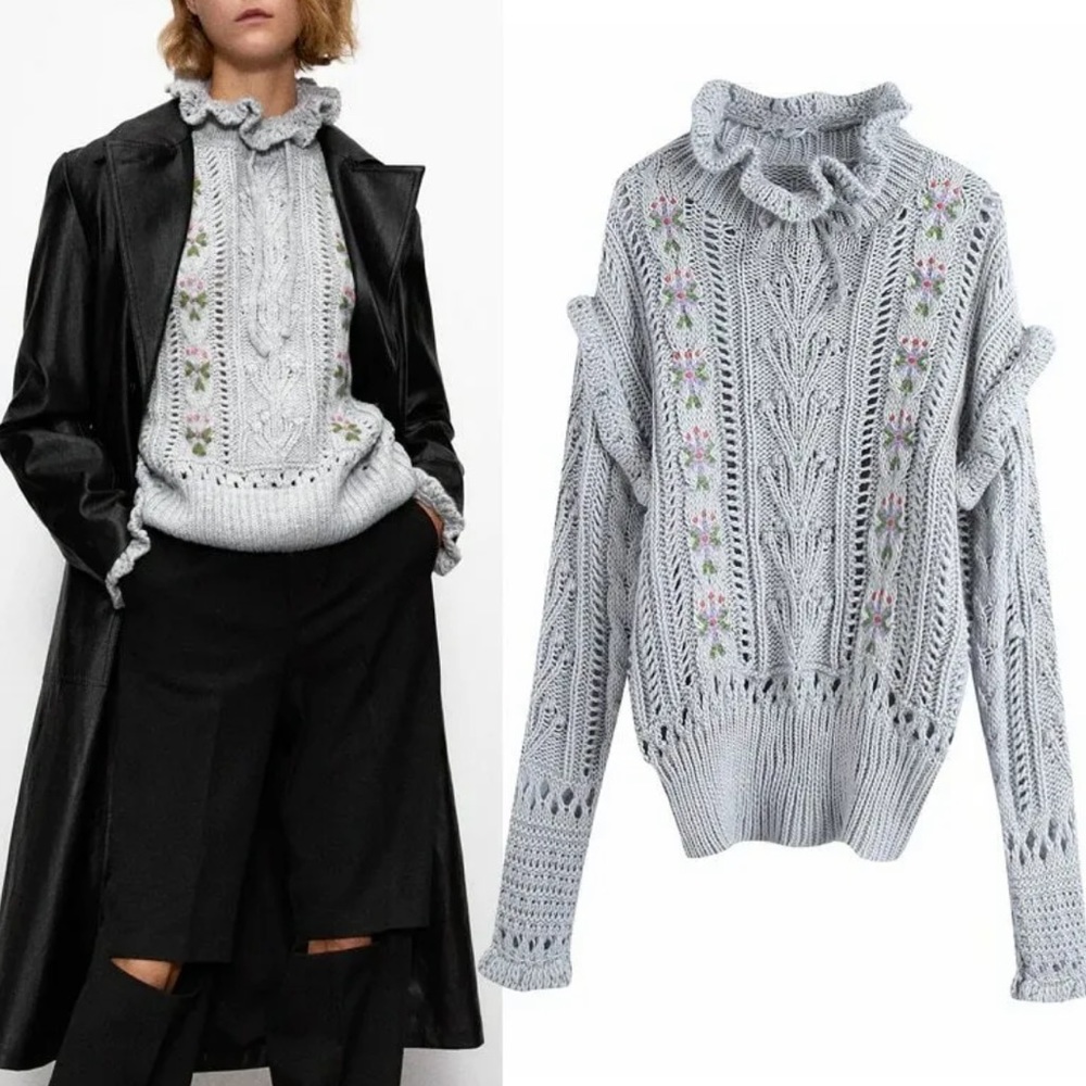 STELLAH Crochet Floral Bohemian Ruffles Tie Neck Sweater
